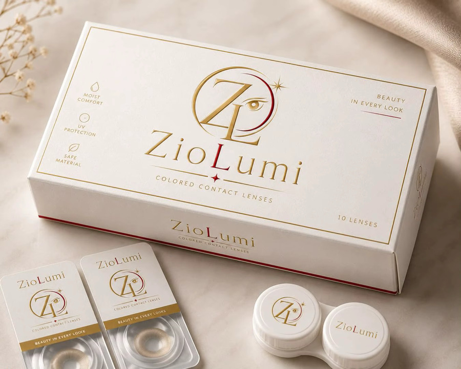 ZIO Lumi white and gold packaging with lenses and lens case